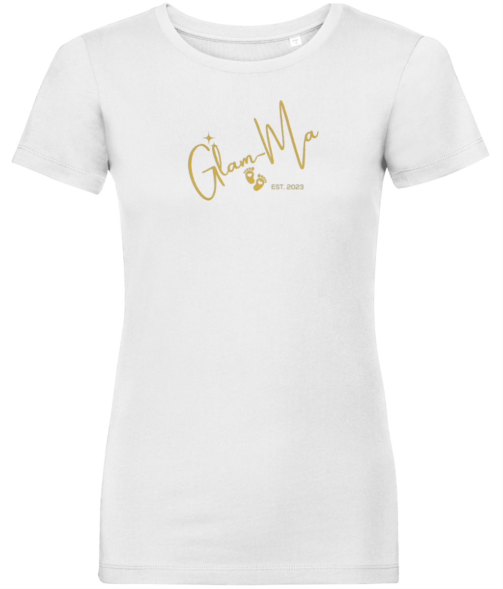 Glam-Ma, Est, Gold Logo, Women's, Organic Ring Spun Cotton, Contemporary Shaped Fit T-Shirt, Choose Your Year