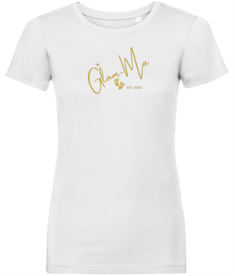 Glam-Ma, Est, Gold Logo, Women's, Organic Ring Spun Cotton, Contemporary Shaped Fit T-Shirt, Choose Your Year