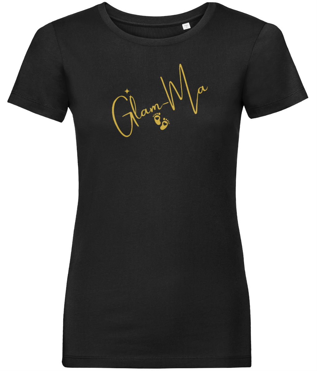 Glam-Ma, Gold Logo, Women's, Organic Ring Spun Cotton, Contemporary Shaped Fit T-Shirt