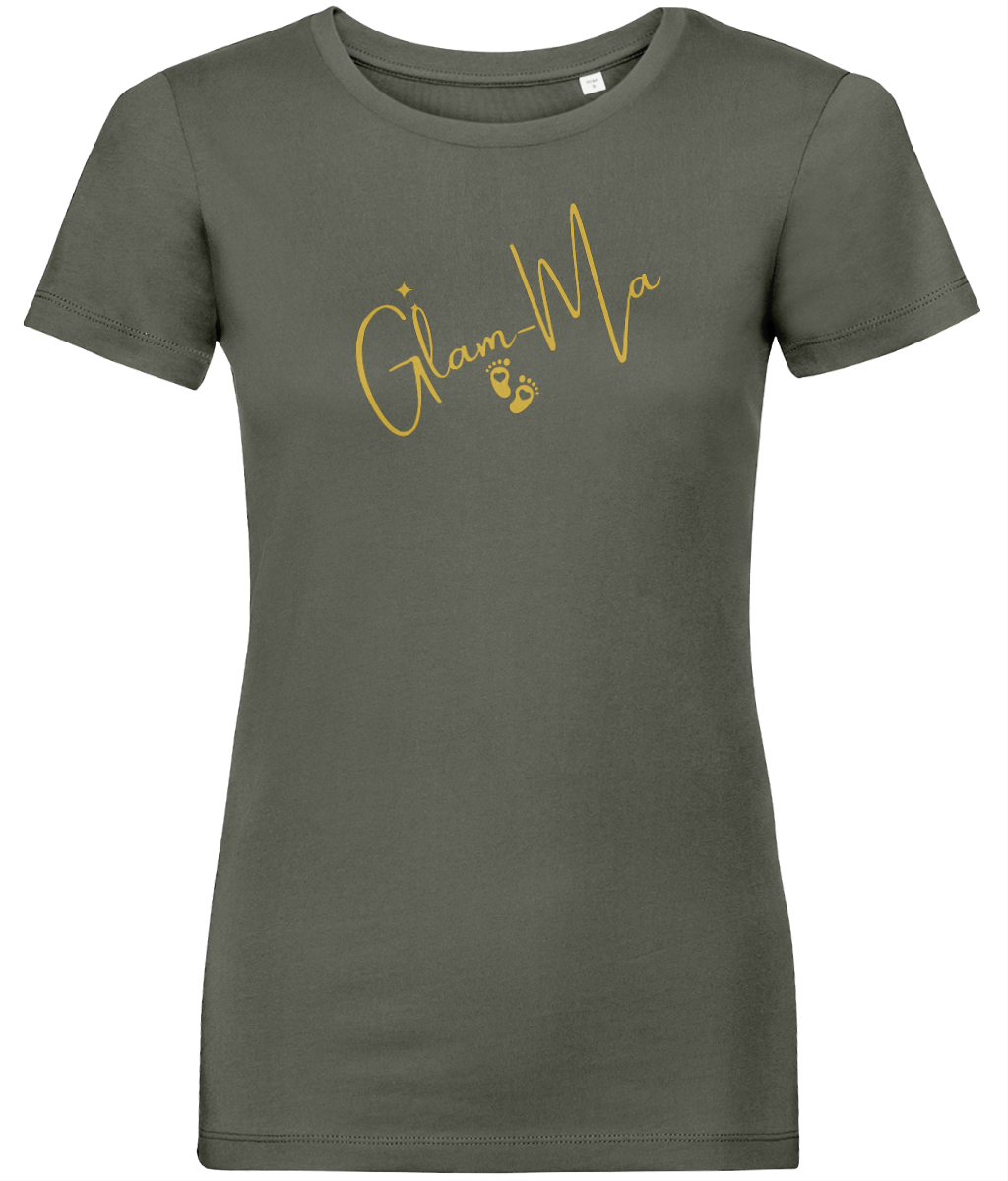 Glam-Ma, Gold Logo, Women's, Organic Ring Spun Cotton, Contemporary Shaped Fit T-Shirt