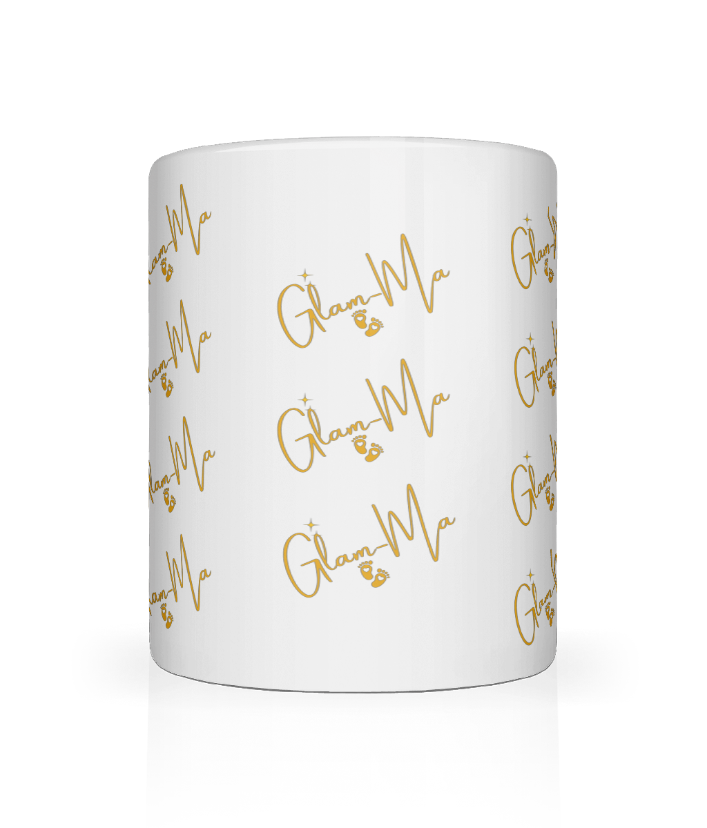 Glam-Ma, Full Wrap Logo, Ceramic Cup, Mug, White/Gold Logo, 11oz