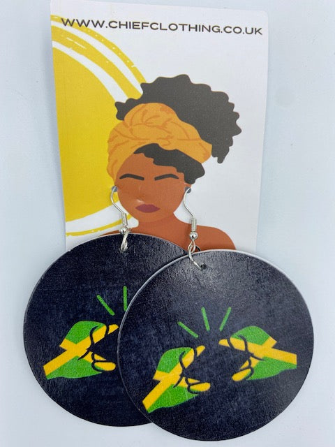 We Run Tings, Jamaica, Flat Round Wood Disc Earrings, 6.5cm (Black)