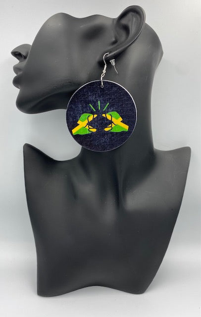 We Run Tings, Jamaica, Flat Round Wood Disc Earrings, 6.5cm (Black)