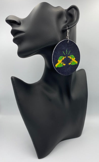 We Run Tings, Jamaica, Flat Round Wood Disc Earrings, 6.5cm (Black)