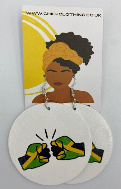 We Run Tings, Jamaica, Flat Round Wood Disc Earrings, 6.5cm (White)