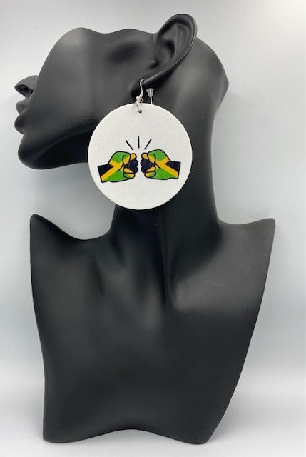 We Run Tings, Jamaica, Flat Round Wood Disc Earrings, 6.5cm (White)