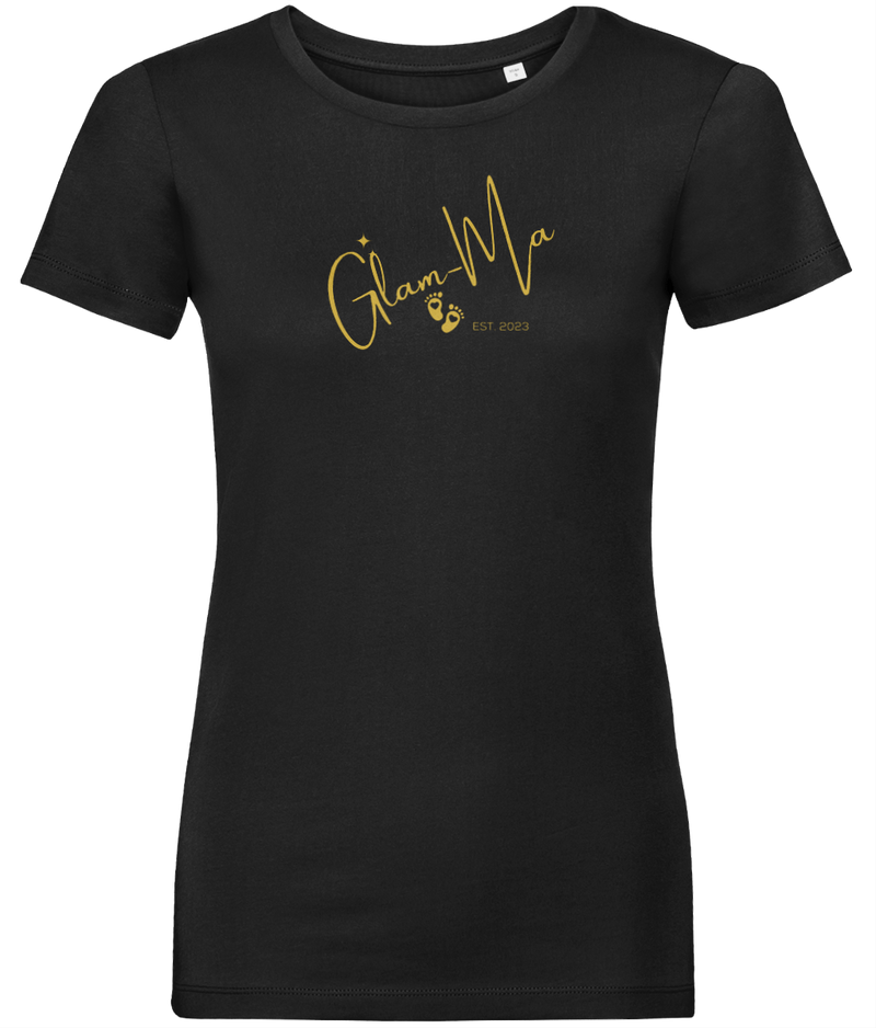 Glam-Ma, Est, Gold Logo, Women's, Organic Ring Spun Cotton, Contemporary Shaped Fit T-Shirt, Choose Your Year