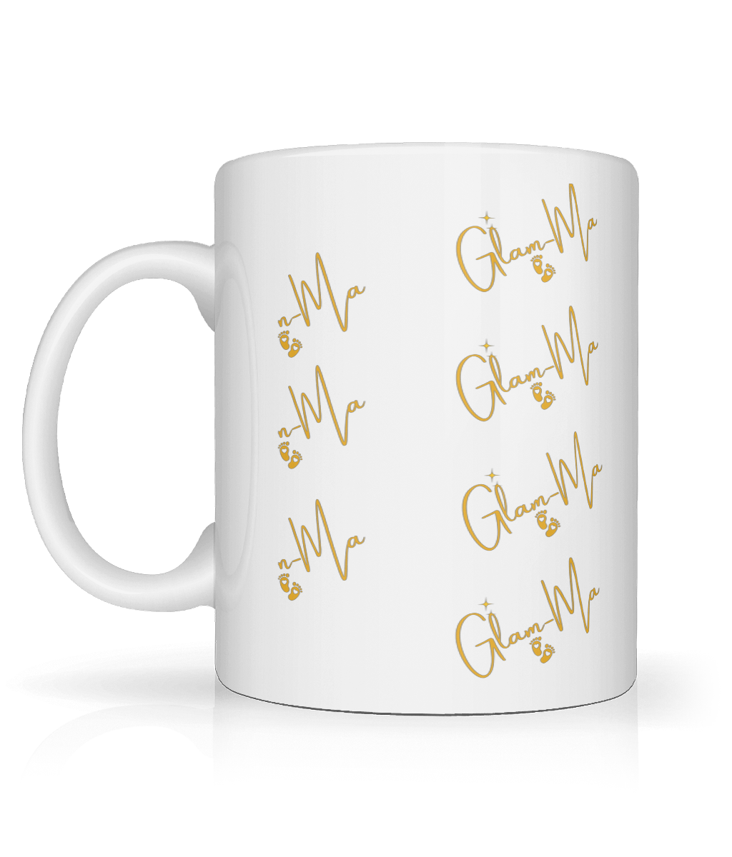 Glam-Ma, Full Wrap Logo, Ceramic Cup, Mug, White/Gold Logo, 11oz