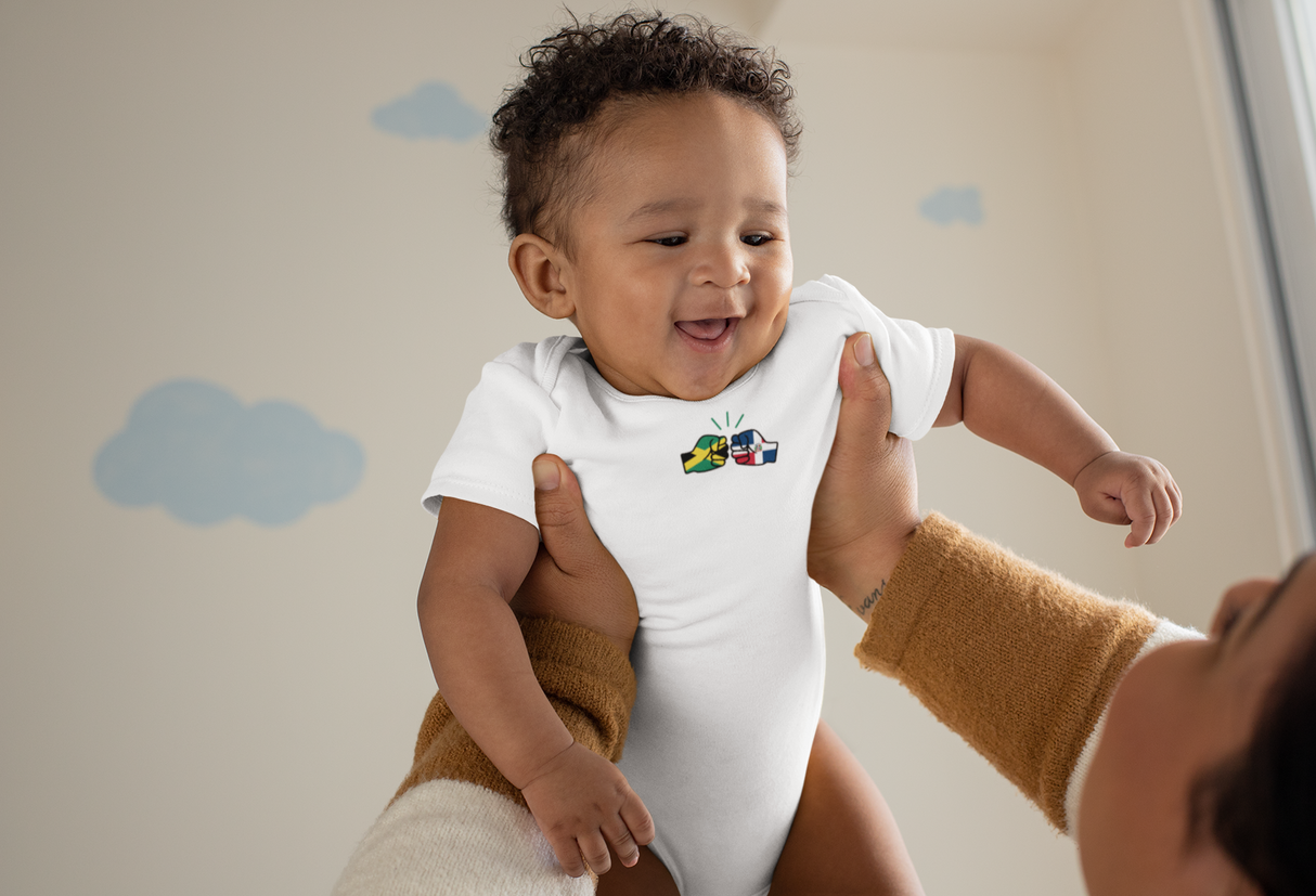 We Run Tings, Jamaica & Sudan, Dual Parentage, Baby Organic Cotton Unisex Long Sleeve Sleepsuit/Bodysuit/Babygrow, 0-12mths