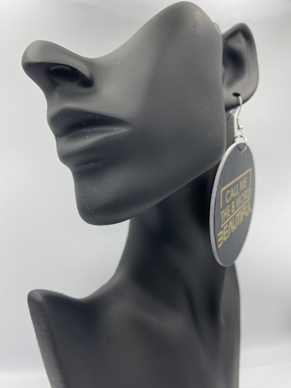 Call Me The B Word Beautiful, Flat Round Disc Earrings, Gold Logo