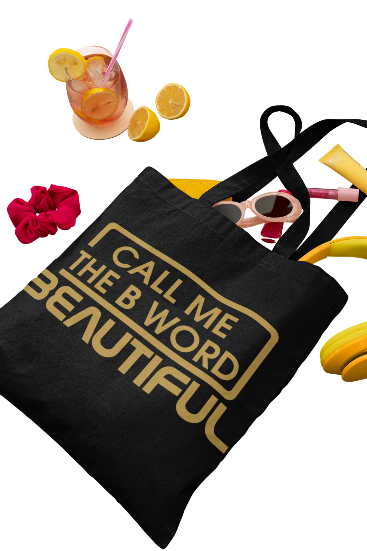 Call Me The B Word Beautiful, Tote Bag, Gold Logo, Open Top, Medium, 41 x 41cm